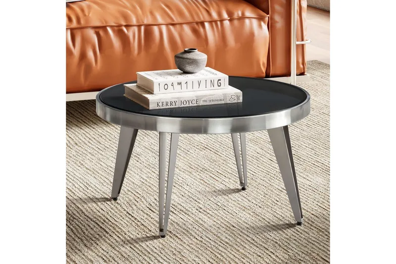 Sofabord Wohnling Rund 60 cm Sikkerhetsglass Matt Sølv 4 Beins Metallramme Moderne - Møbler - Bord - Sofabord