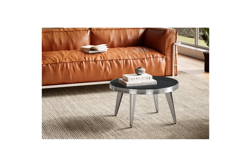 Sofabord Wohnling Rund 60 cm Sikkerhetsglass Matt Sølv 4 Beins Metallramme Moderne - Møbler - Bord - Sofabord