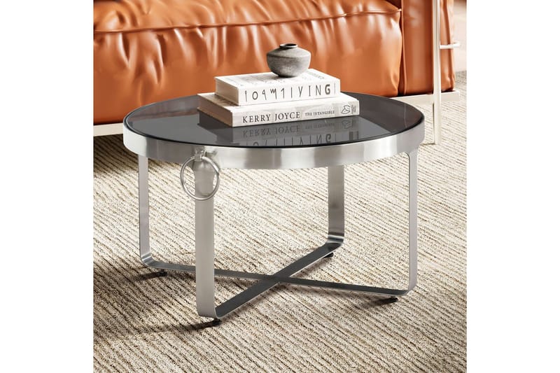 Sofabord Wohnling Rund 60 cm Sikkerhetsglass Matt Sølv Metallramme Moderne - Møbler - Bord - Sofabord