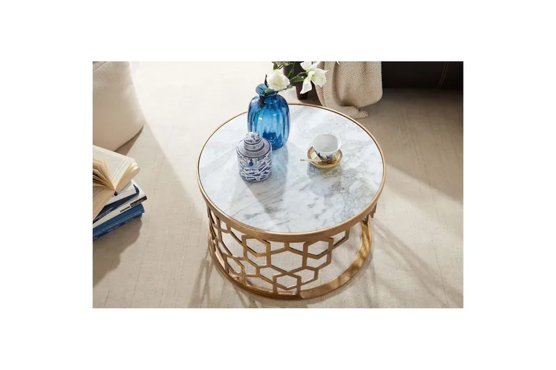 Sofabord Wohnling Rund indisk marmor bikakemønster metallramme - Møbler - Bord - Sofabord