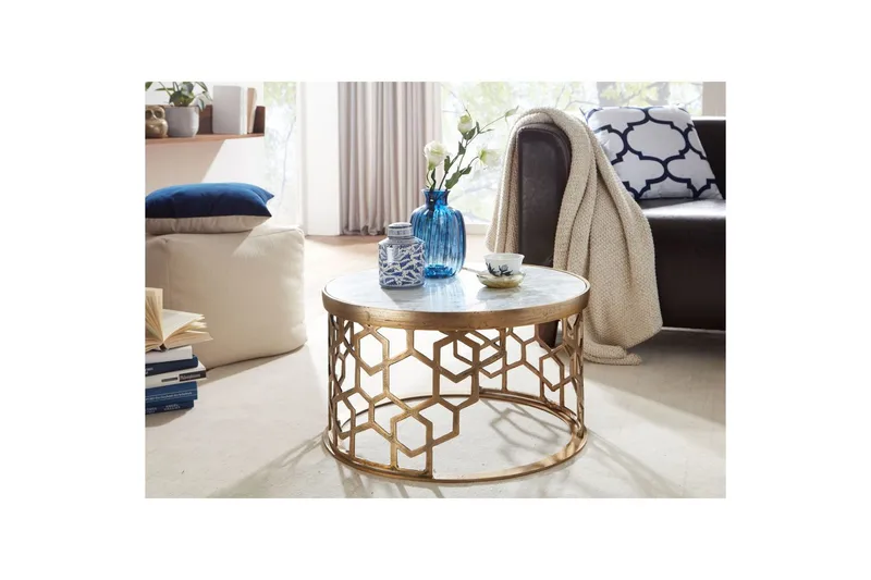 Sofabord Wohnling Rund indisk marmor bikakemønster metallramme - Møbler - Bord - Sofabord