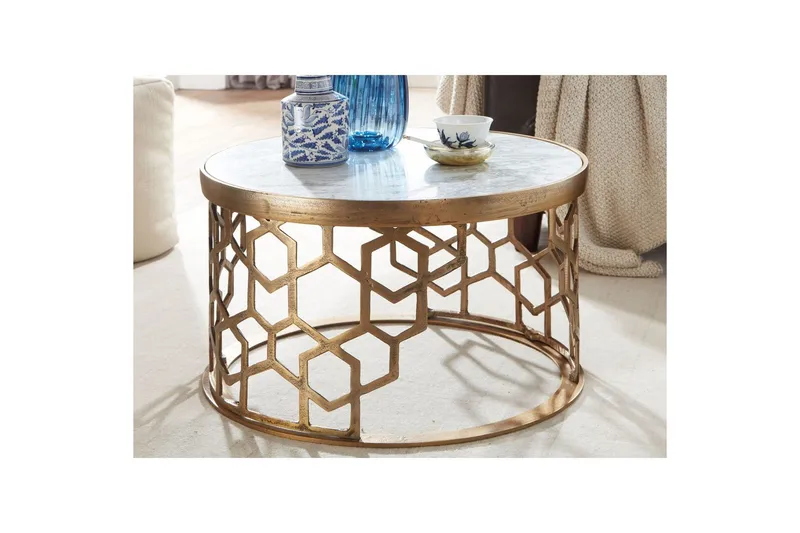 Sofabord Wohnling Rund indisk marmor bikakemønster metallramme - Møbler - Bord - Sofabord