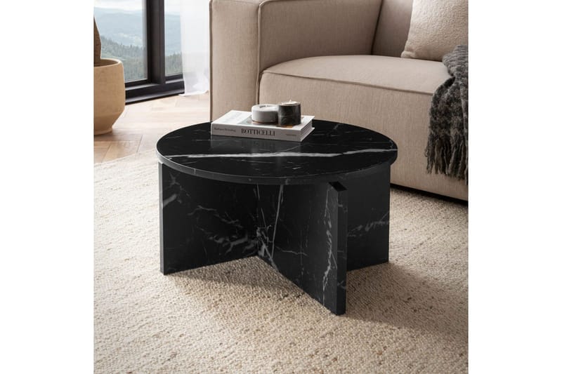 Sofabord Wohnling Rund steinoptikk stil moderne utseende 60 cm, Svart marmor - 60 cm, Svart marmor - Møbler - Bord - Sofabord