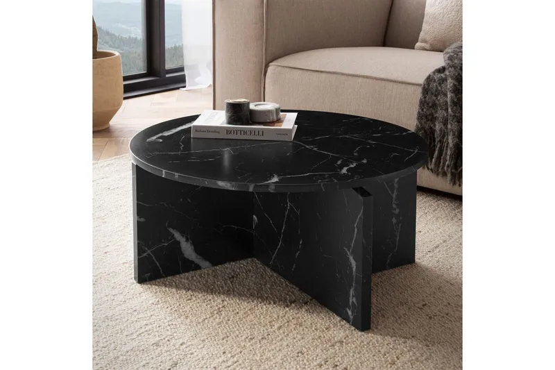 Sofabord Wohnling Rund steinoptikk stil moderne utseende 70 cm, Svart marmor - 70 cm, Svart marmor - Møbler - Bord - Sofabord