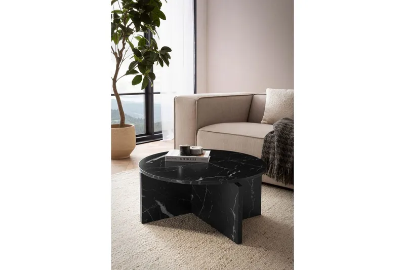 Sofabord Wohnling Rund steinoptikk stil moderne utseende 70 cm, Svart marmor - 70 cm, Svart marmor - Møbler - Bord - Sofabord