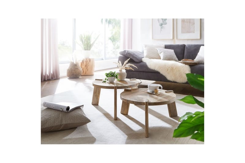 Sofabord Wohnling Sett med 2 Runde Massivt Tre med Massiv Ben Landlig Stil - Møbler - Bord - Sofabord