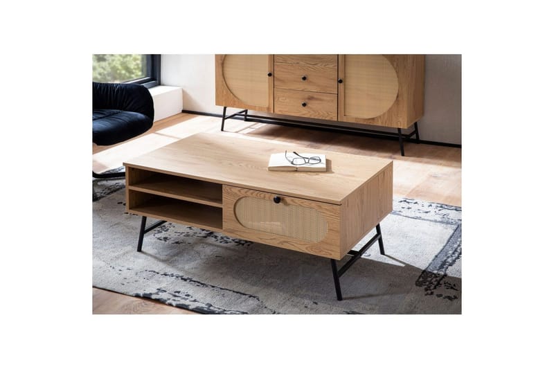 Sofabord Wohnling Tre eik utseende rektangulær med skuffe rotting oppbevaringsplass - Møbler - Bord - Sofabord