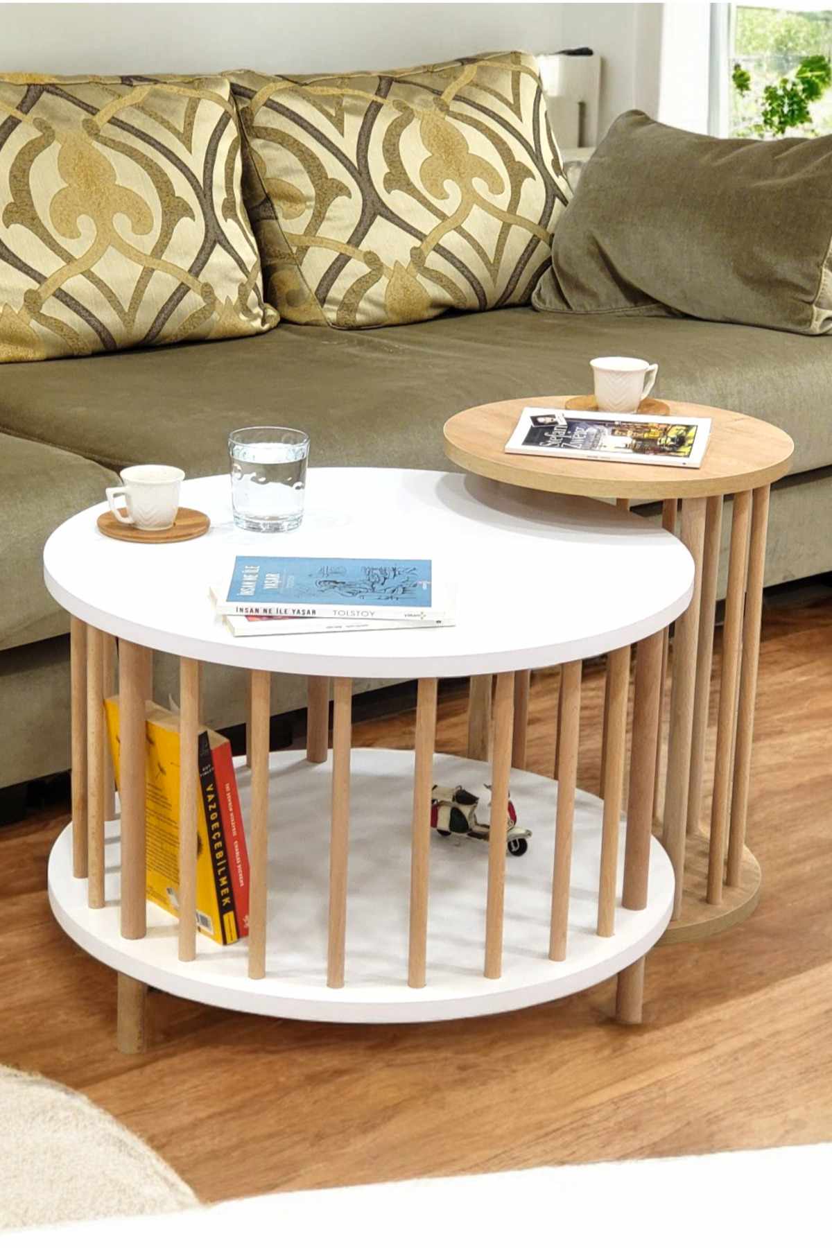 Sofabordsett Hanah Home Peka Set Pro (Ø60 x H43 cm) Hvit Sapphire eik - Hvit og safireik