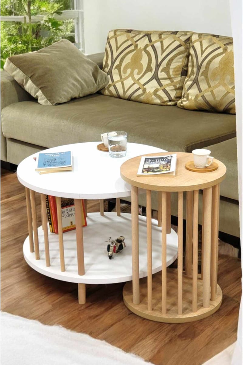 Sofabordsett Hanah Home Peka Set Pro (Ø60 x H43 cm) Hvit Sapphire eik - Hvit og safireik - Møbler - Bord - Sofabord