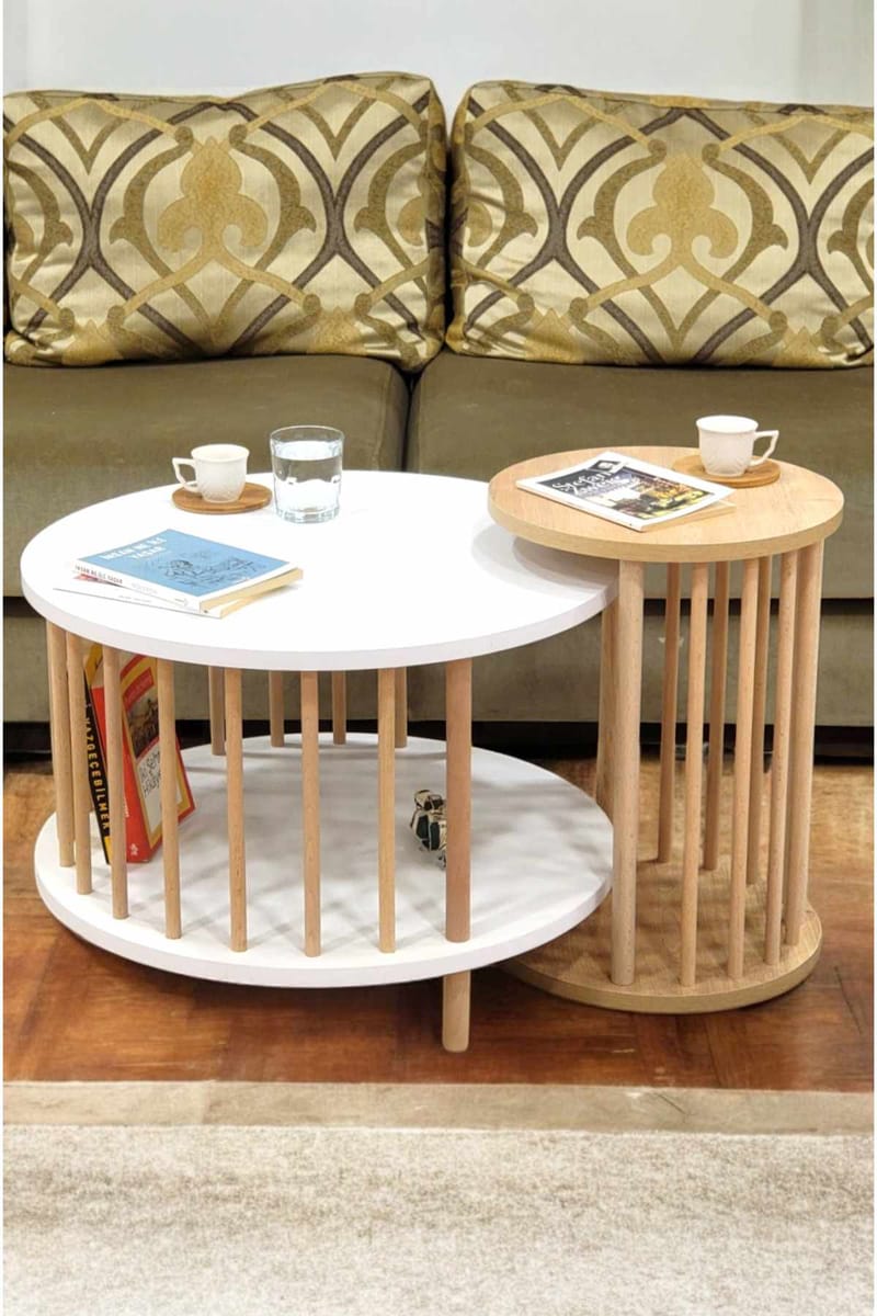 Sofabordsett Hanah Home Peka Set Pro (Ø60 x H43 cm) Hvit Sapphire eik - Hvit og safireik - Møbler - Bord - Sofabord