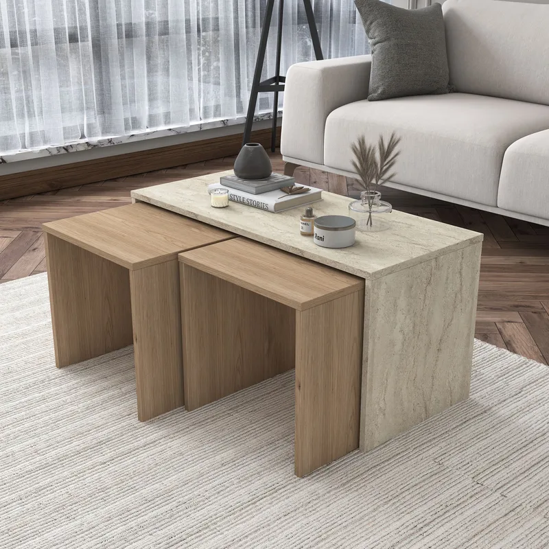 Sofabordsett Wallxpert Cleo-hylle (90 x 44,8 x 40 cm) Travertin - Travertin - Møbler - Bord - Sofabord