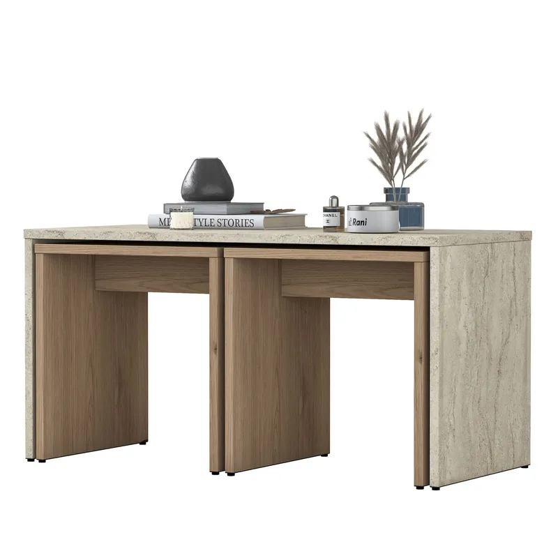Sofabordsett Wallxpert Cleo-hylle (90 x 44,8 x 40 cm) Travertin, Travertin