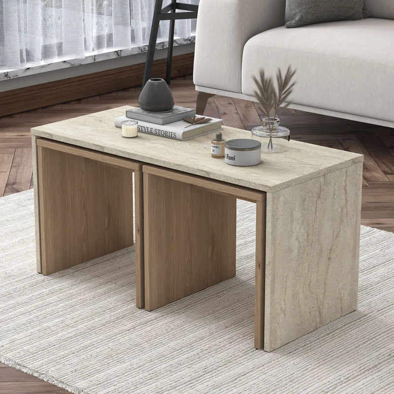 Sofabordsett Wallxpert Cleo-hylle (90 x 44,8 x 40 cm) Travertin - Travertin - Møbler - Bord - Sofabord