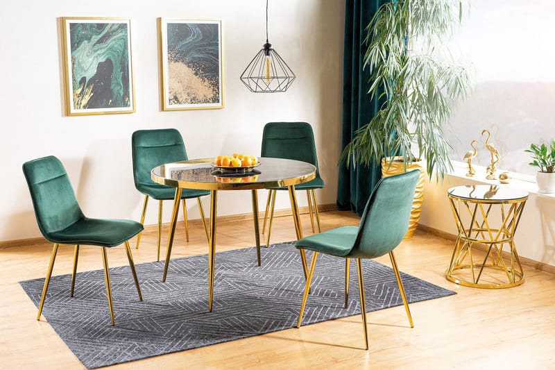 Calvik Spisebord 100 cm Rundt Marmorlook - Glass/Svart/Gull - Spisebord & kjøkkenbord