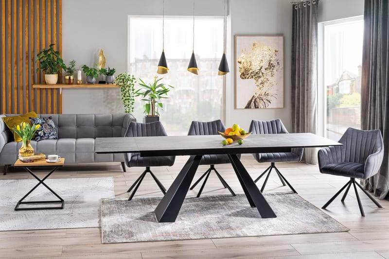 Riez Forlengningsbart Spisebord 160 cm Betonglook - Glass/Betonggrå/Mattsvart - Spisebord & kjøkkenbord
