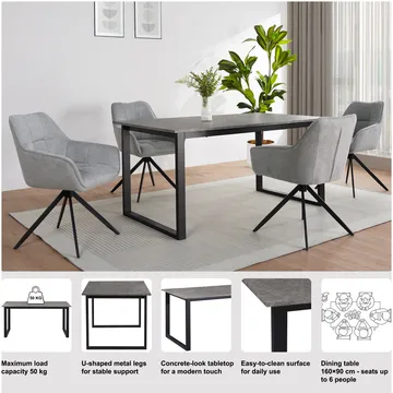 Spisebord Loft24 Luton Betong 160 x 90 cm - Betonggrå og svart - Møbler - Bord - Spisebord & kjøkkenbord