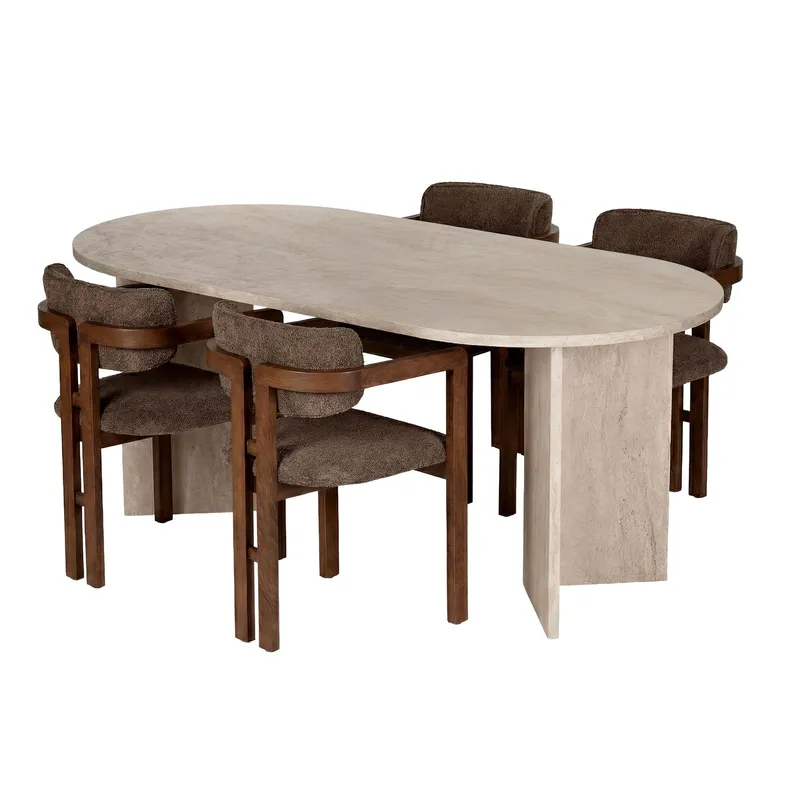 Spisebord- og stolsett Nordure Meridia 4 (180 x 75 x 90 cm) 5 deler Travertin valnøtt brun, undefined