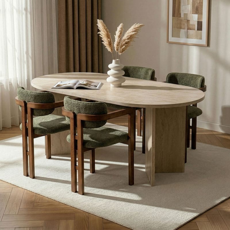 Spisebord- og stolsett Nordure Meridia 4 (180 x 75 x 90 cm) 5 deler Travertin valnøtt grønn - Møbler - Bord - Spisegrupper