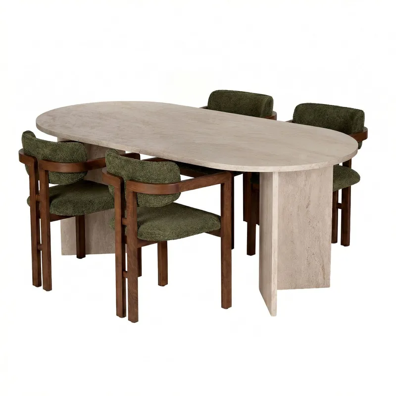 Spisebord- og stolsett Nordure Meridia 4 (180 x 75 x 90 cm) 5 deler Travertin valnøtt grønn, undefined