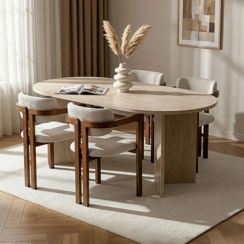 Spisebord- og stolsett Nordure Meridia 4 (180 x 75 x 90 cm) 5 deler Travertin valnøtt hvit - Møbler - Bord - Spisegrupper