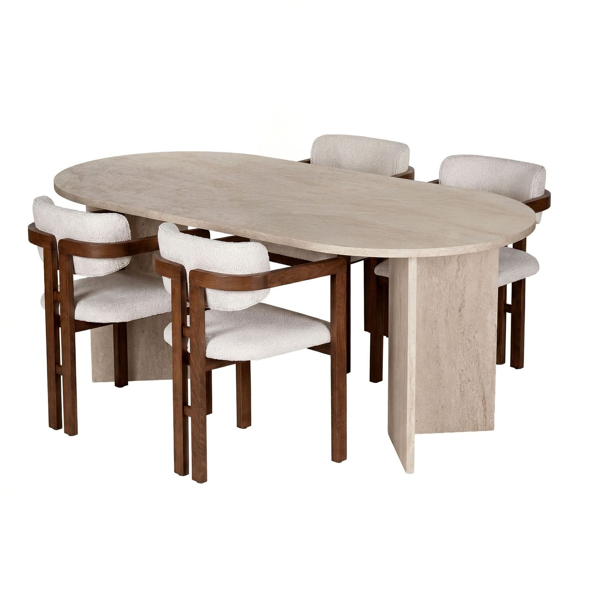 Spisebord- og stolsett Nordure Meridia 4 (180 x 75 x 90 cm) 5 deler Travertin valnøtt hvit -