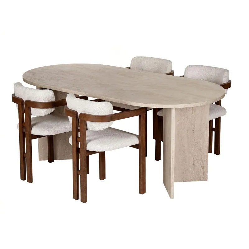 Spisebord- og stolsett Nordure Meridia 4 (180 x 75 x 90 cm) 5 deler Travertin valnøtt hvit, undefined