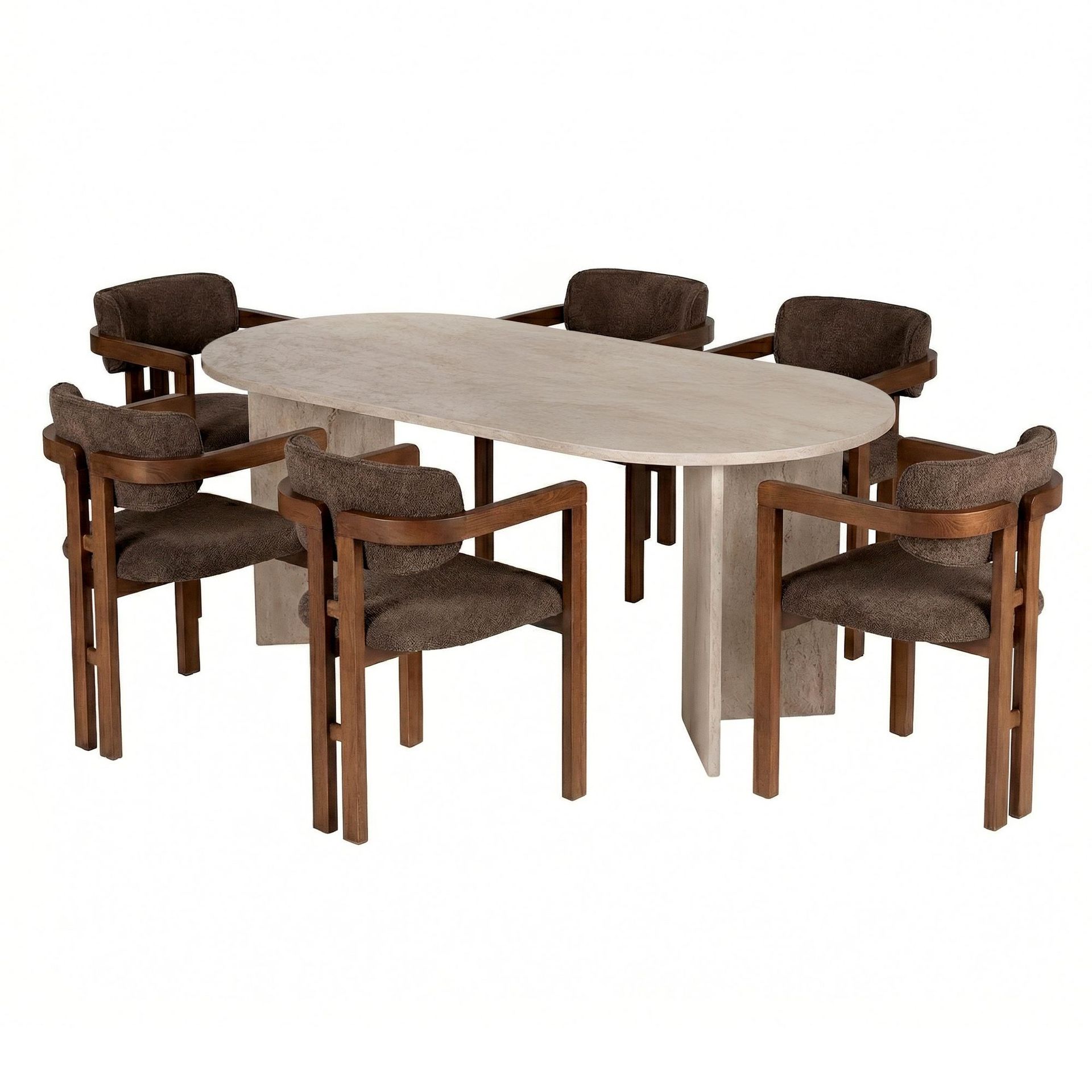 Spisebord- og stolsett Nordure Meridia 6 (180 x 75 x 90 cm) 7 deler Travertin valnøtt brun -