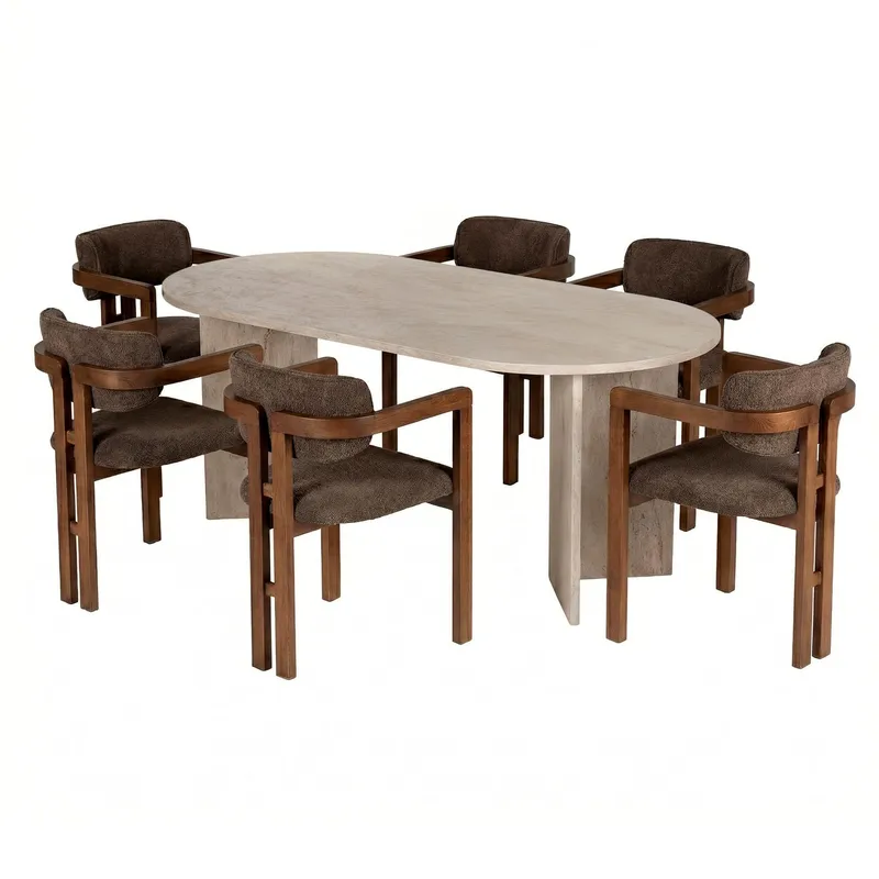 Spisebord- og stolsett Nordure Meridia 6 (180 x 75 x 90 cm) 7 deler Travertin valnøtt brun, undefined