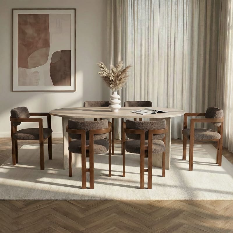 Spisebord- og stolsett Nordure Meridia 6 (180 x 75 x 90 cm) 7 deler Travertin valnøtt brun - Møbler - Bord - Spisegrupper