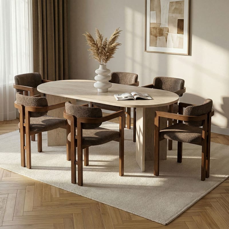 Spisebord- og stolsett Nordure Meridia 6 (180 x 75 x 90 cm) 7 deler Travertin valnøtt brun - Møbler - Bord - Spisegrupper