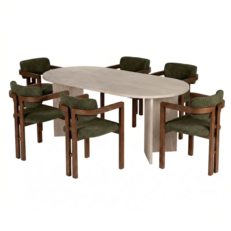 Spisebord- og stolsett Nordure Meridia 6 (180 x 75 x 90 cm) 7 deler Travertin valnøtt grønn, undefined