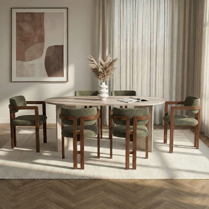 Spisebord- og stolsett Nordure Meridia 6 (180 x 75 x 90 cm) 7 deler Travertin valnøtt grønn - Møbler - Bord - Spisegrupper