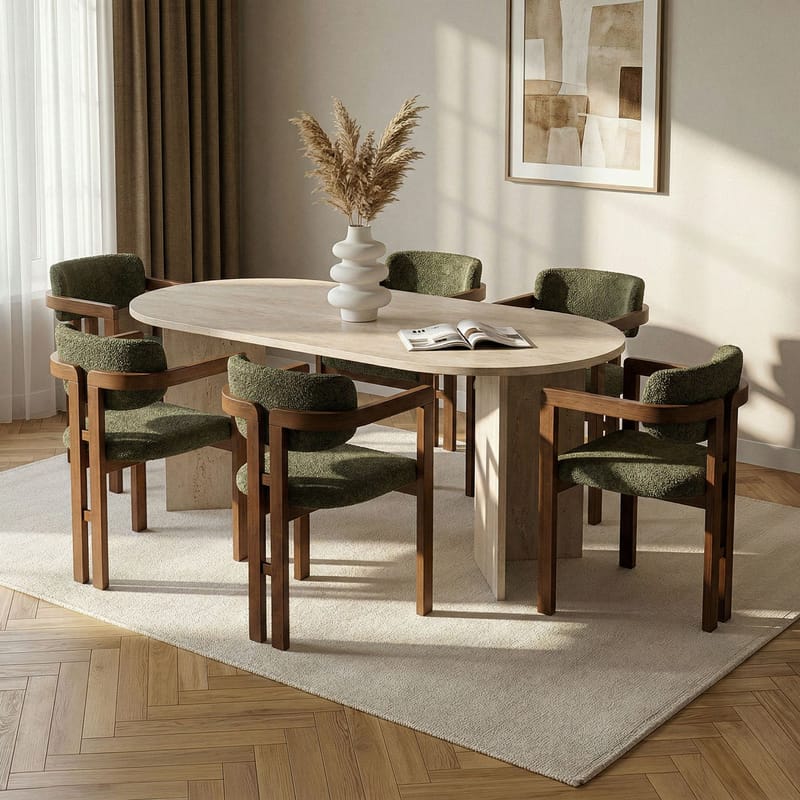 Spisebord- og stolsett Nordure Meridia 6 (180 x 75 x 90 cm) 7 deler Travertin valnøtt grønn - Møbler - Bord - Spisegrupper