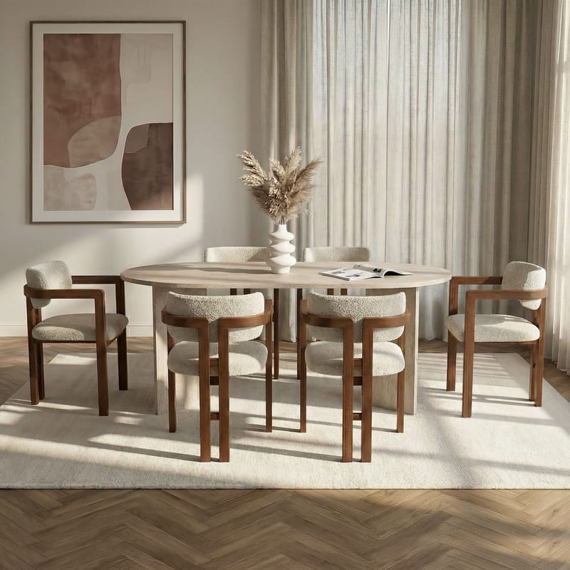 Spisebord- og stolsett Nordure Meridia 6 (180 x 75 x 90 cm) 7 deler Travertin valnøtt hvit - Møbler - Bord - Spisegrupper
