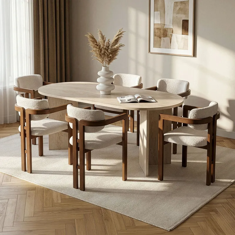 Spisebord- og stolsett Nordure Meridia 6 (180 x 75 x 90 cm) 7 deler Travertin valnøtt hvit - Møbler - Bord - Spisegrupper