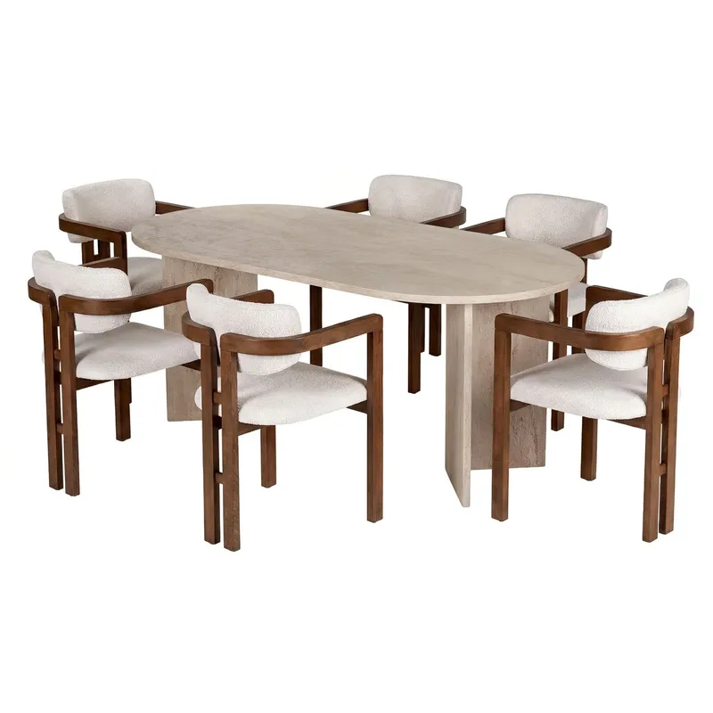 Spisebord- og stolsett Nordure Meridia 6 (180 x 75 x 90 cm) 7 deler Travertin valnøtt hvit, undefined