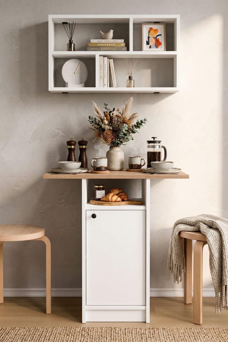 Spisebord- og vegghylle-sett (2 deler) Hanah Home Nord (72 x 73,8 x 44,5 cm) Hvit eik - Hvit og eik - Møbler - Bord - Spisegrupper