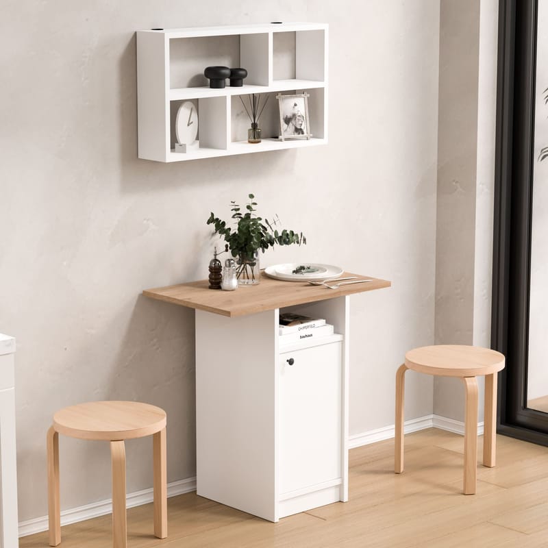 Spisebord- og vegghylle-sett (2 deler) Hanah Home Nord (72 x 73,8 x 44,5 cm) Hvit eik - Hvit og eik - Møbler - Bord - Spisegrupper