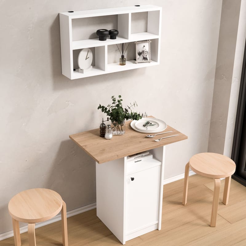 Spisebord- og vegghylle-sett (2 deler) Hanah Home Nord (72 x 73,8 x 44,5 cm) Hvit eik - Hvit og eik - Møbler - Bord - Spisegrupper