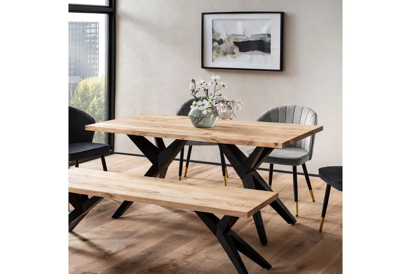 Spisebord Wohnling massivt tre industriell loft vinklet metallrammebein 180x90 cm - 180x90 cm - Møbler - Bord - Spisegrupper