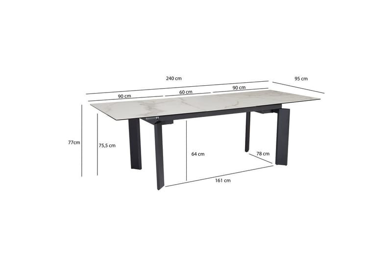 Spisebord Wohnling Uttrekkbar 180-260 cm Keramisk Klassisk Fire Bein Metallramme Svart, marmor hvit - Svart, marmor hvit - Møbler - Bord - Spisegrupper