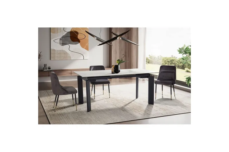 Spisebord Wohnling Uttrekkbar 180-260 cm Keramisk Klassisk Fire Bein Metallramme Svart, marmor hvit - Svart, marmor hvit - Møbler - Bord - Spisegrupper