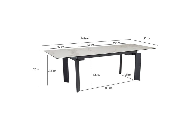 Spisebord Wohnling Uttrekkbar 180-260 cm Keramisk Klassisk Fire Bein Metallramme Svart, marmor hvit - Svart, marmor hvit - Møbler - Bord - Spisegrupper