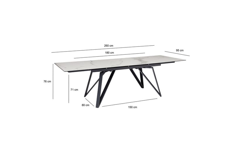 Spisebord Wohnling Uttrekkbar 180-260 cm Keramisk Skråstilte Metall Haarnål Bordben Svart, marmor hvit - Svart, marmor hvit - Møbler - Bord - Spisebord & kjøkkenbord