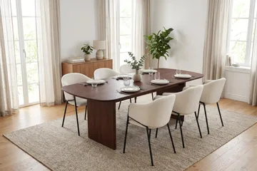 Spisegruppe Bark Alma 220 cm Valnøtt Hvit bouclé 6 - Valnøtt - Møbler - Bord - Spisegrupper