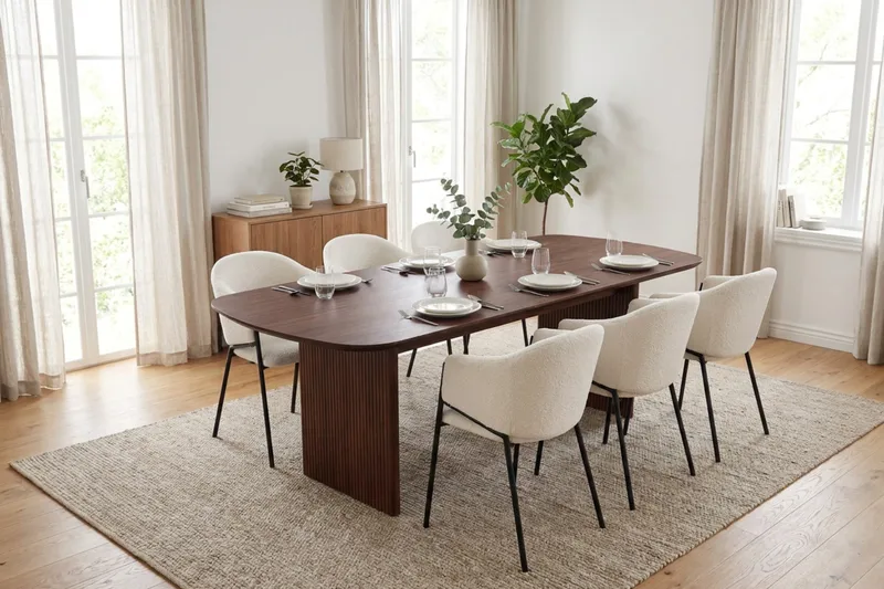Spisegruppe Bark Alma 220 cm Valnøtt Hvit bouclé 6 - Valnøtt - Møbler - Bord - Spisegrupper