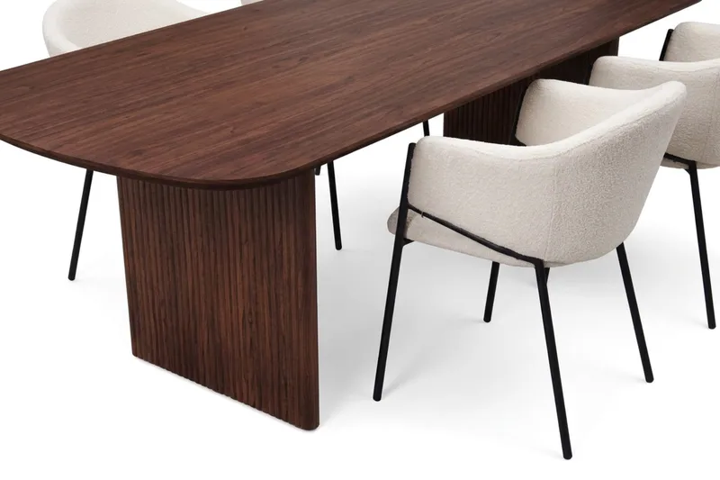 Spisegruppe Bark Alma 220 cm Valnøtt Hvit bouclé 6 - Valnøtt - Møbler - Bord - Spisegrupper