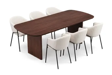 Spisegruppe Bark Alma 220 cm Valnøtt Hvit bouclé 6 - Valnøtt - Møbler - Bord - Spisegrupper