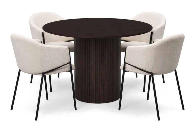 Spisegruppe Bark Kopparbo 110 cm Røkt eik Hvit bouclé Rund 4, Røkt eik