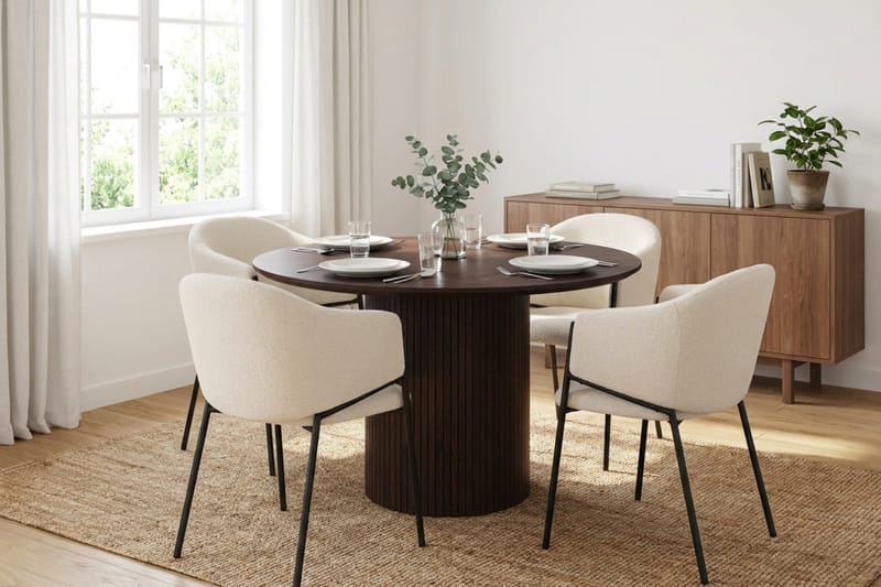 Spisegruppe Bark Kopparbo 110 cm Røkt eik Hvit bouclé Rund 4 - Røkt eik - Møbler - Bord - Spisegrupper